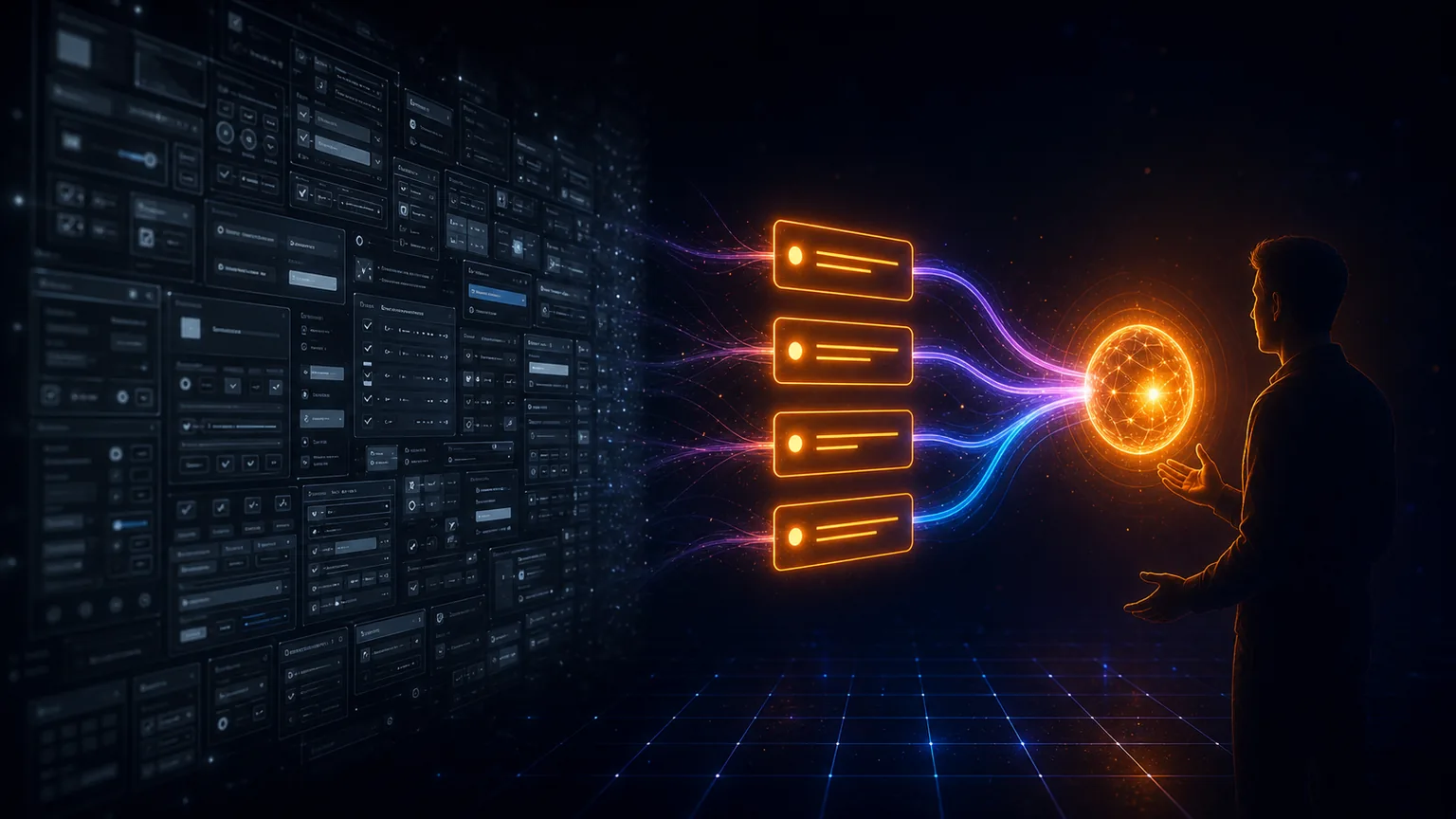 Interface-for-AI — instead of dashboards with buttons and forms for humans to click, atomic commands that an AI agent operates directly while the person speaks in natural language